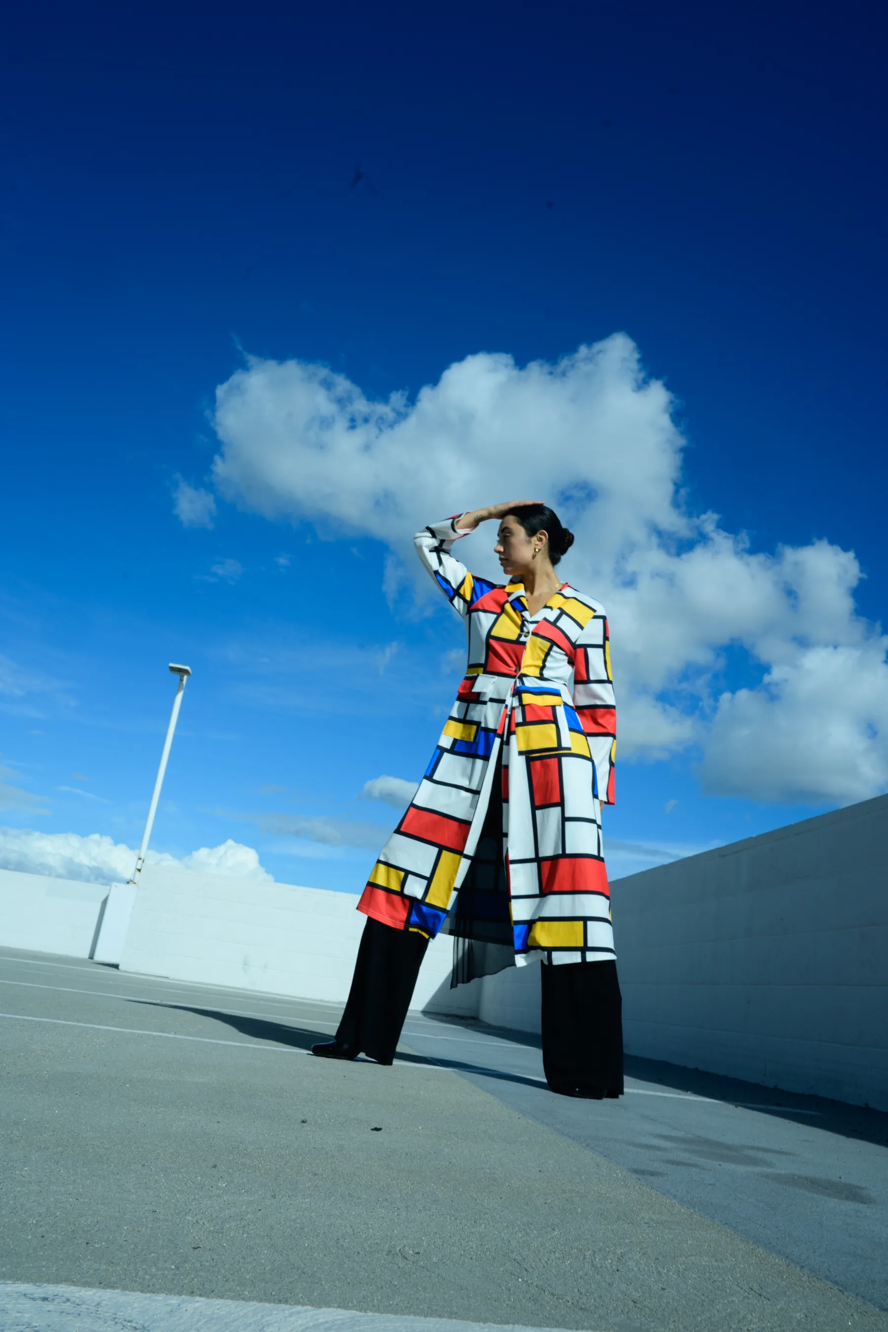 Vertical fashion portrait with layered depth, rich tonal range, introspective gaze